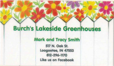 Burch's Lakeside Greenhouse business card